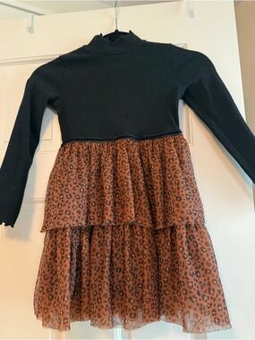 Janie and Jack Black Top with Brown Leopard Tiered Skirt